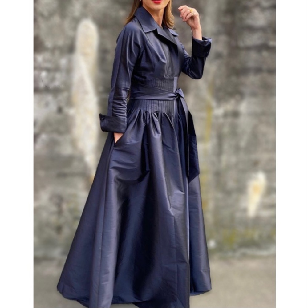 Teri Jon 3/4 Sleeve Navy Taffeta Shirtwaist Gown
